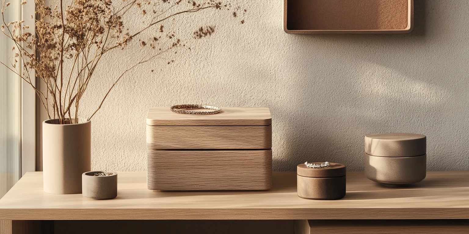 High-end custom wood jewelry box, open with multiple compartments.